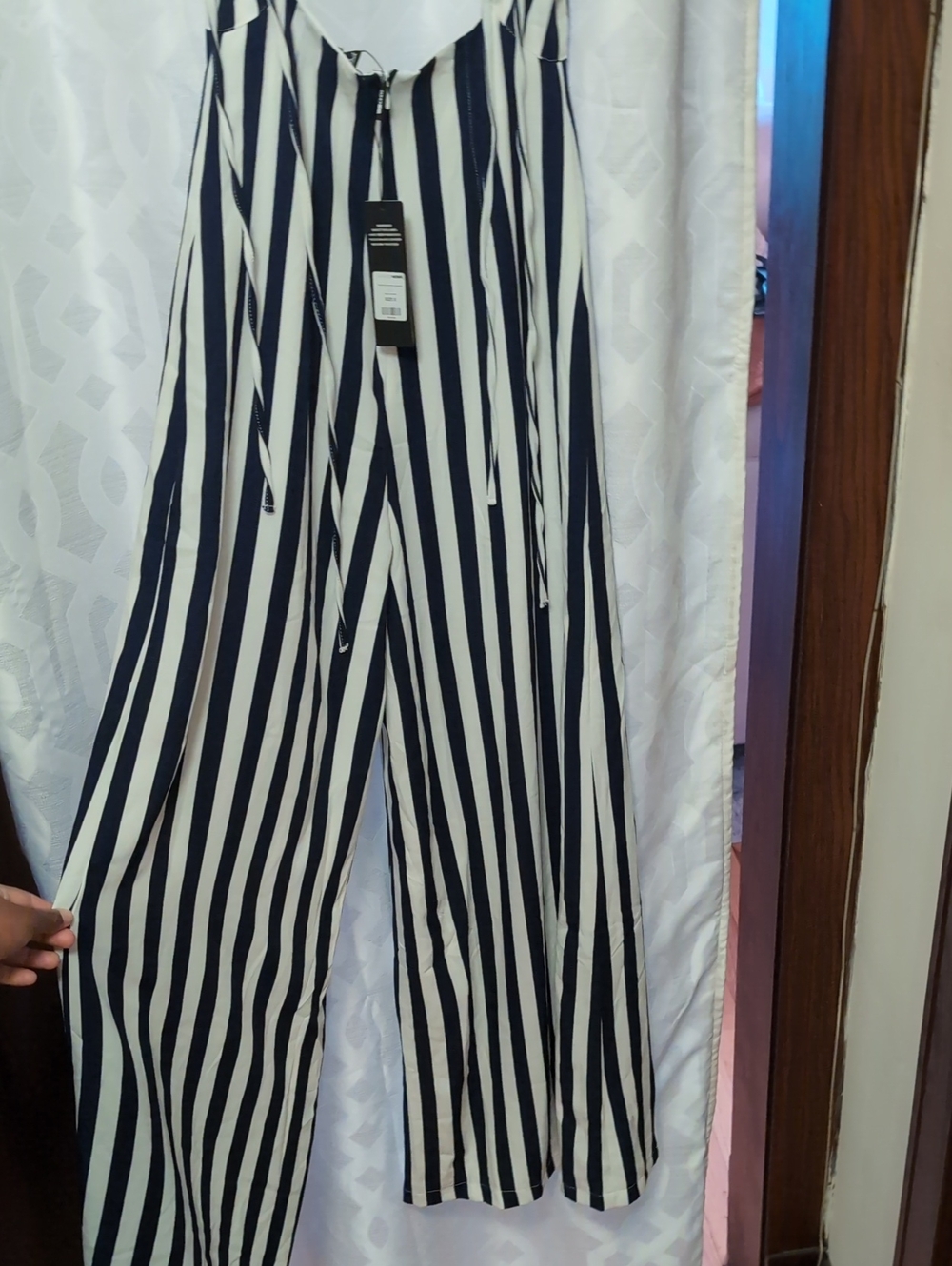 Fashion Nova Navy and White Vertical Stripe Wide-Leg Jumpsuit